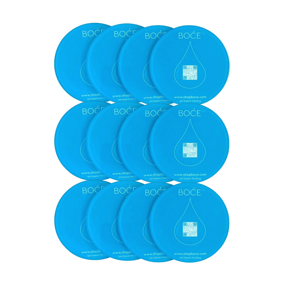 Set of 12 BOCE round coasters on a white background