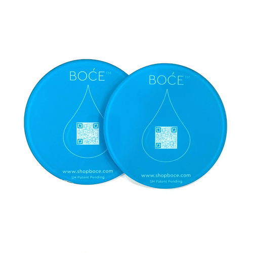2 blue round BOCE coasters against a white background.
