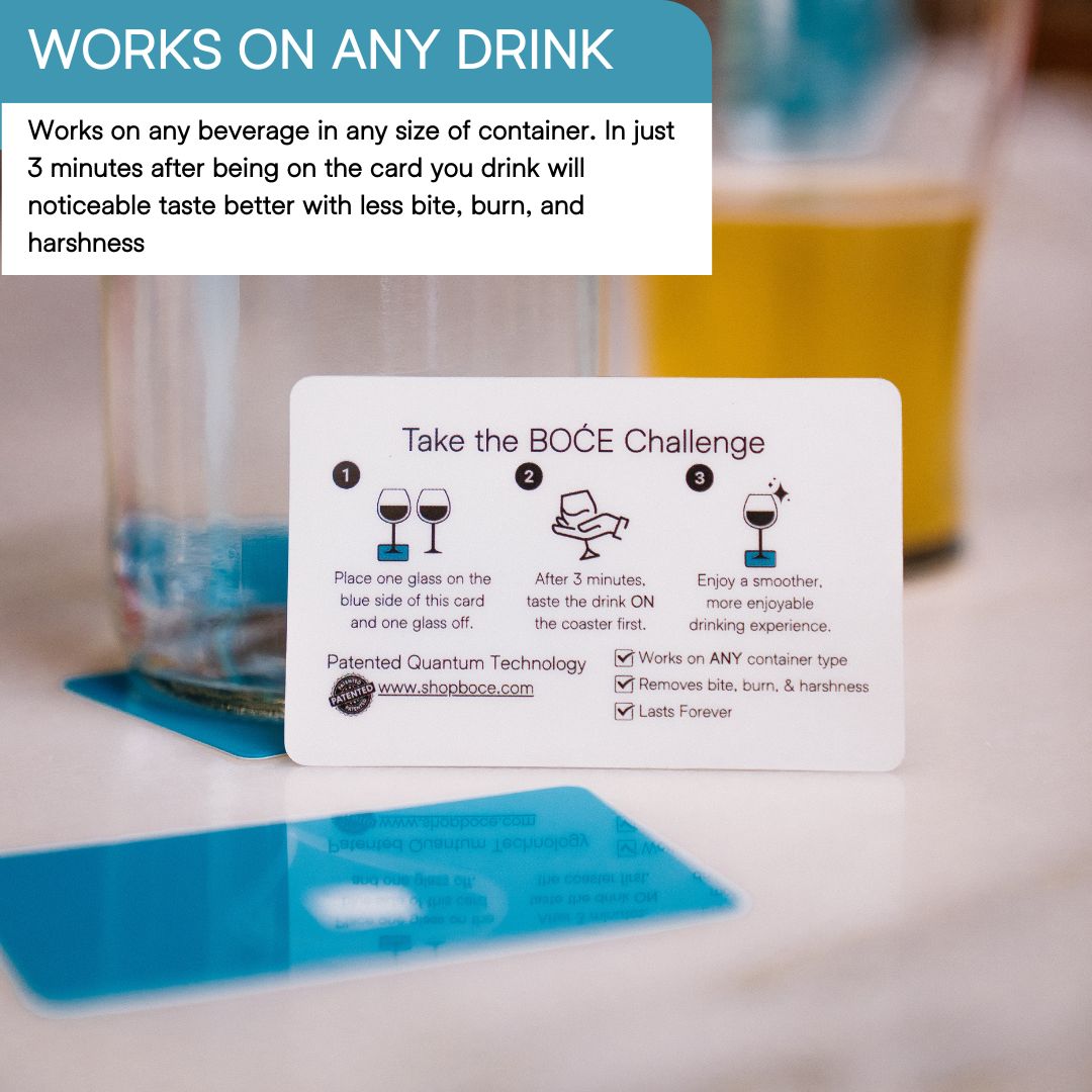 BOĆE drink enhancement card on a counter with instructions showing how to place a glass, wait 3 minutes, and enjoy a smoother drink experience.