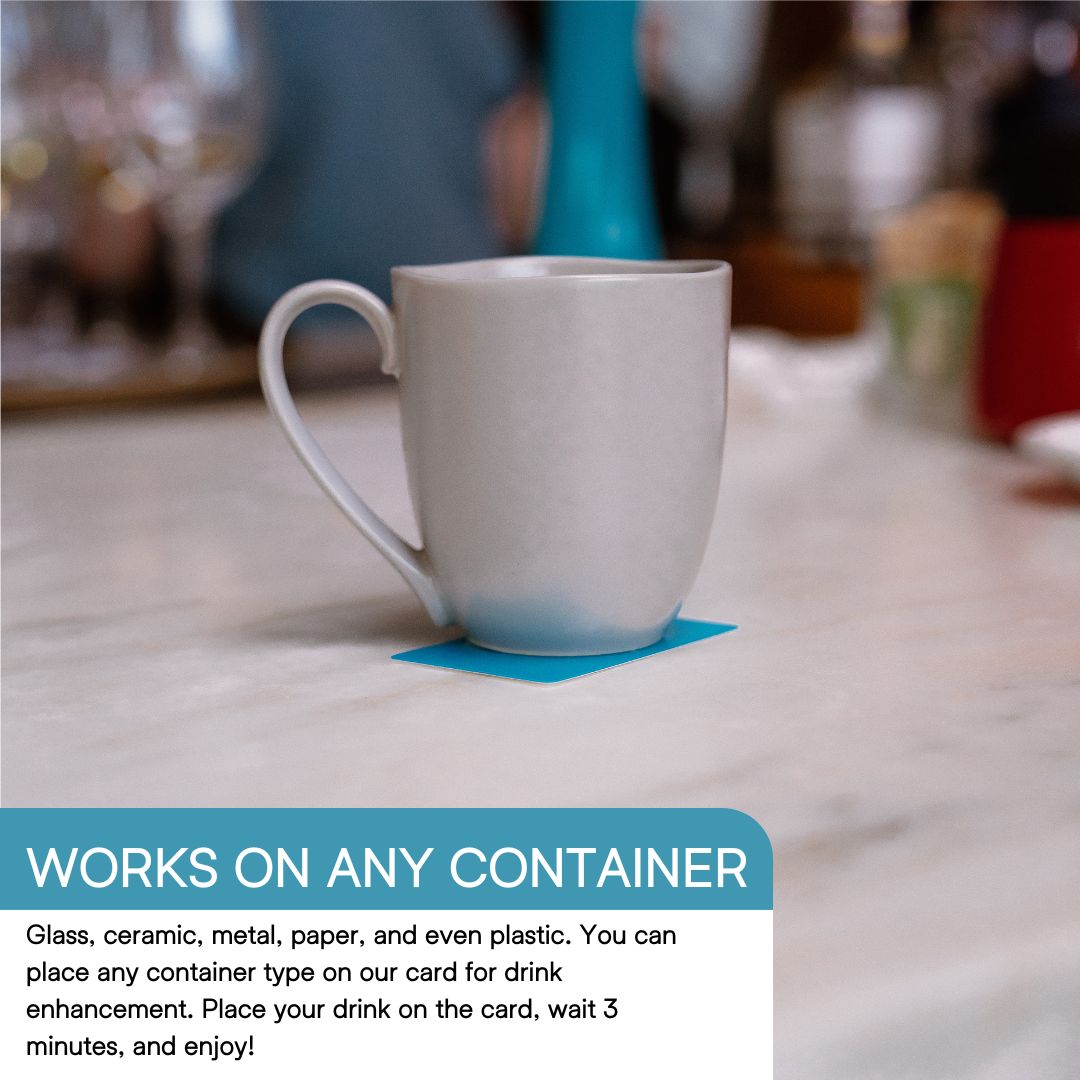 Close-up of a beer glass on a BOĆE card with product description explaining how the technology reduces bite, burn, and harshness.