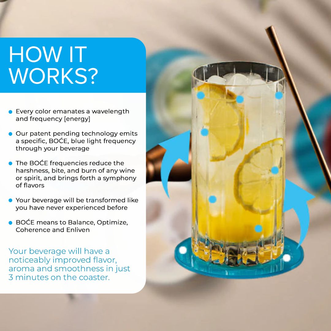 Tall glass of lemon water on a BOĆE coaster with blue arrows and light dots, visualizing energy frequencies transforming the beverage.