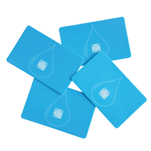 Set of four blue BOĆE drink enhancement cards displayed on a white background, featuring the signature water droplet design.