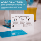 BOĆE drink enhancement card on a counter with instructions showing how to place a glass, wait 3 minutes, and enjoy a smoother drink experience.