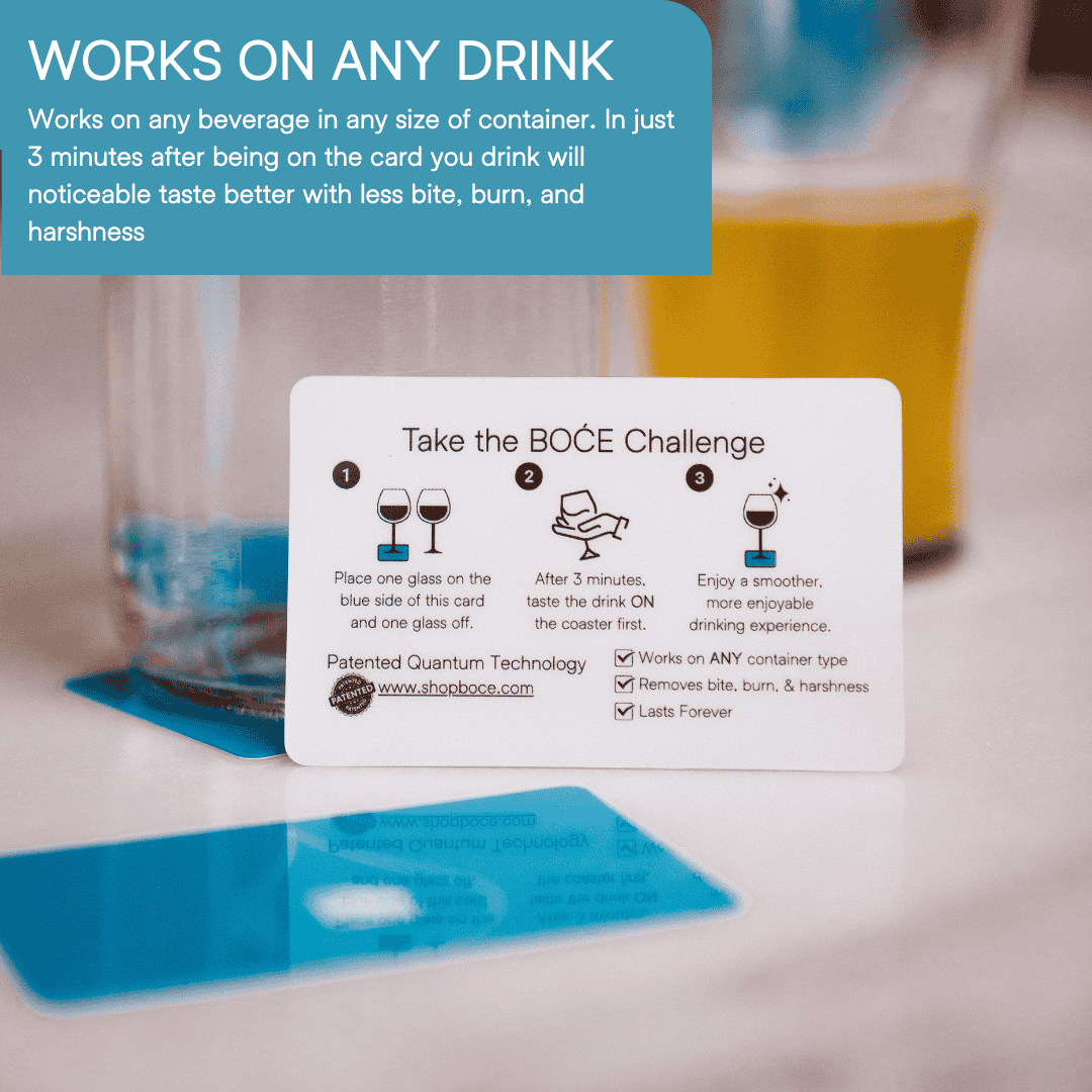 BOĆE drink enhancement card on a counter with instructions showing how to place a glass, wait 3 minutes, and enjoy a smoother drink experience.