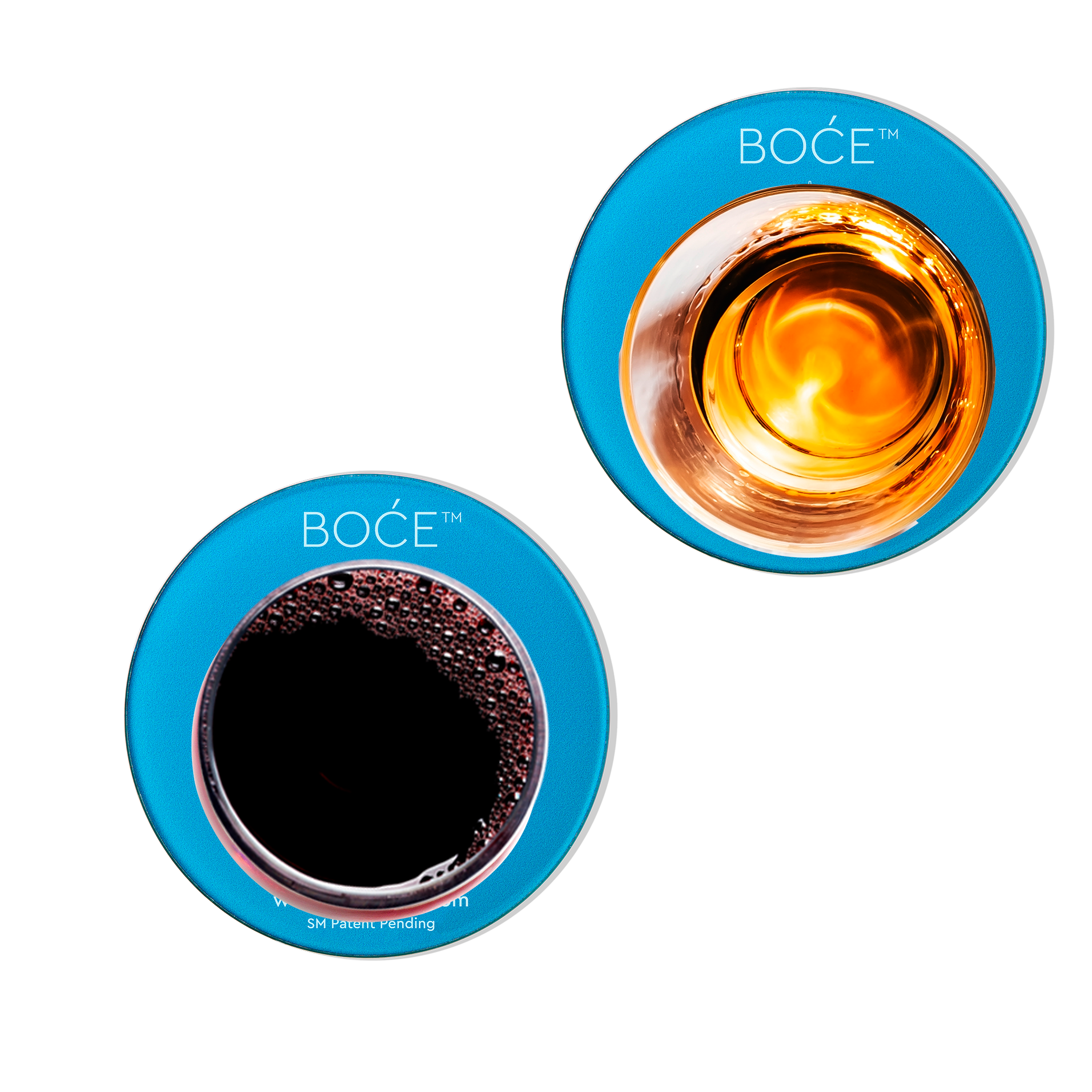 Two blue coasters with circular designs of a glass of wine and a glass of whiskey, branded BOCE.